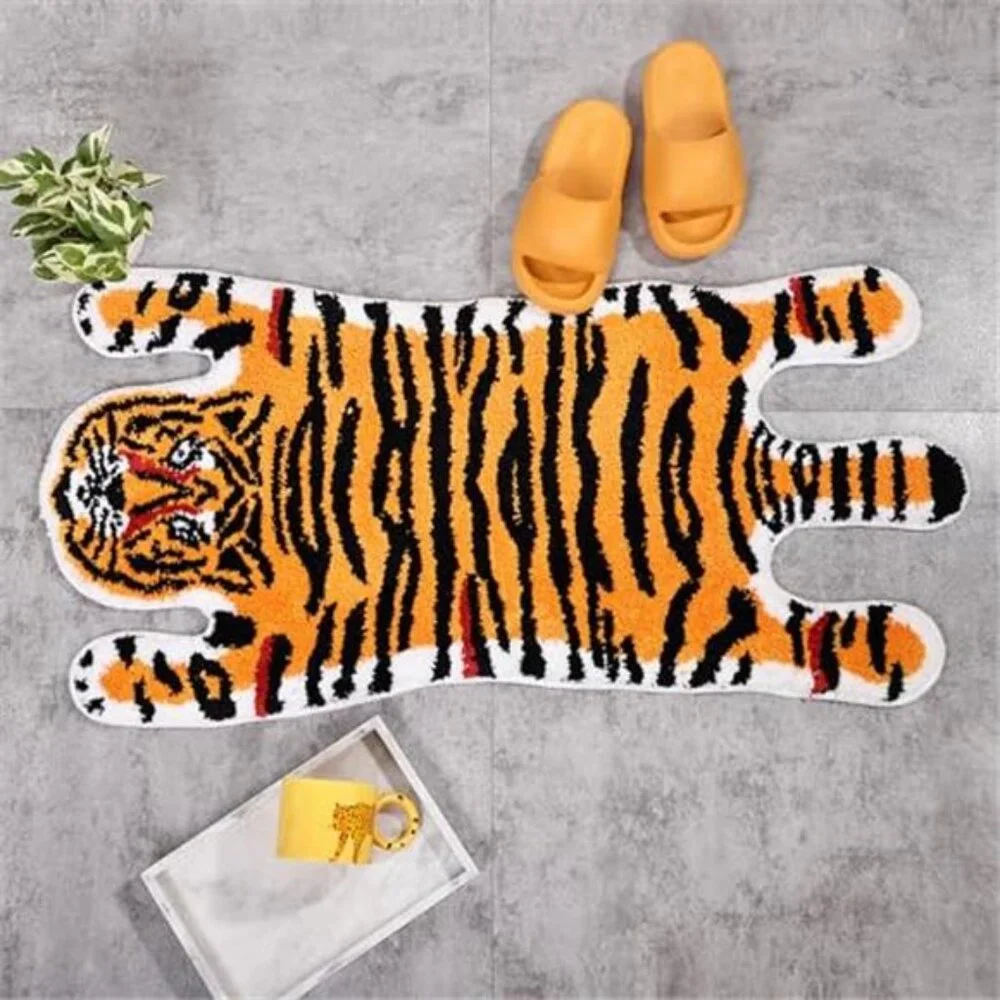Tiger Bath Mat Cute Animal Shaped Non Slip Plush Bathroom Rug Orange Yellow
